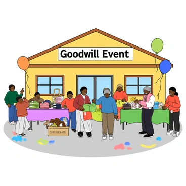 A vibrant community center with a large banner that reads "Goodwill Event" in bold letters hanging above the entrance. Several tables are set up outside, covered with colorful tablecloths, displaying stacks of clothes in various sizes and shapes, alongside an assortment of stuffed animals and toys. A diverse group of people, including children, adults, and seniors, are happily interacting with each other. Some individuals are handing clothes to a volunteer, while others are placing toys in designated bins. Balloons in bright colors float above the scene, adding to the cheerful atmosphere. The ground is decorated with drawings made by children, creating a warm and inviting environment.