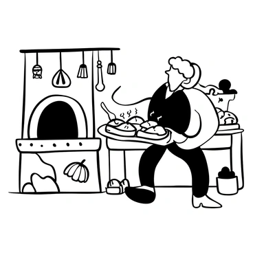 A hobbit baker with curly hair stands beside an ancient, weathered stone oven. The baker is wearing a simple apron, and he is pulling out a tray filled with freshly baked pies. The pies are golden and steaming, their crusts slightly cracked. There are several decorative utensils hanging from the wall beside the oven, and a wooden table is laden with more ingredients and tools for baking. The setting is warm and inviting, with a rustic charm that reflects the baker's craft.
