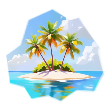 A small tropical island featuring several tall palm trees with lush green fronds swaying gently in the breeze. The island has white sandy beaches that curve around its edges, blending seamlessly with the pristine, clear blue water that surrounds it. The sunlight sparkles on the surface of the water, creating a vibrant contrast against the greenery of the palm trees. In the distance, a few fluffy white clouds float lazily in the sky, adding to the idyllic scene.