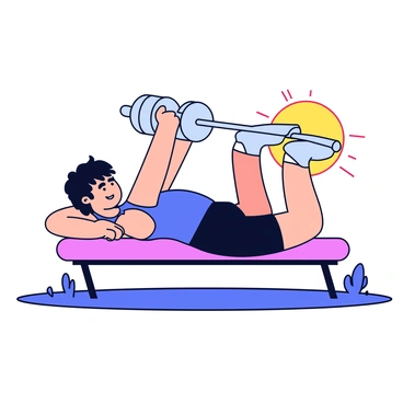 A person is lying on a bench, lifting a barbell above their chest with both hands. The individual has short dark hair and is wearing a fitted blue tank top and black shorts. The barbell is metallic with weights on each side. Surrounding the bench is a grassy area. The sun is rising in the background, casting a warm glow that highlights the person and the equipment. The sky is transitioning from deep blue to soft orange, creating a vibrant backdrop for the scene.