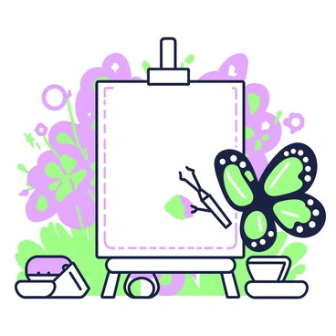 A butterfly with intricate wing patterns is hovering in front of a blank canvas. The butterfly holds a paintbrush in its delicate legs, poised to create art. The canvas is supported by an easel, with its surface waiting for vibrant designs. Scattered around the base of the easel are paint pots, each one filled with various colors. Behind the butterfly, there is a lush garden filled with flowers, providing a vibrant backdrop.