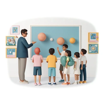 A scholar, wearing a dark blue blazer and round glasses, stands in front of a large exhibit display showcasing a model of the solar system. The scholar gestures towards the display while explaining, with an animated expression. Surrounding the scholar are a group of five children, each showing a different level of interest. One child, wearing a red cap and a yellow t-shirt, points excitedly at a planet model. Another child, sporting glasses and a green shirt, listens intently with a notebook in hand. The remaining children, dressed in various casual clothing, look at the exhibit with curiosity. Behind them, colorful posters with scientific illustrations decorate the walls of the museum, adding to the educational atmosphere.