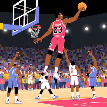 Michael Jordan is captured mid-air, executing a buzzer-beating jump shot. He is wearing a red jersey with "23" emblazoned on the back, and his expression is focused and determined. Below him, a packed stadium filled with cheering fans in a variety of colorful clothing creates an energetic atmosphere. Bright lights shine down on the court, highlighting Jordan's dynamic pose. Basketball players from the opposing team can be seen in the foreground, reaching up in an attempt to block the shot. The scoreboard in the background shows the final seconds ticking down, adding tension to the scene.