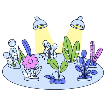 A garden filled with various robotic plants of different shapes and sizes. Each plant has metallic leaves that shimmer in the light. The garden is illuminated by bright artificial sunlight coming from overhead lights that have a sleek design. The ground is covered in smooth, light-colored stones, providing a clean contrast to the robotic plants. Some plants have intricate gears and circuits visible on their stems, while others are wrapped in colorful wires. The entire scene is organized, showcasing the unique blend of nature and technology.