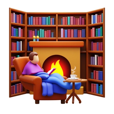 A person sitting comfortably in an armchair with a book in hand, intently reading. The scene features a crackling fireplace with glowing embers, casting warm light throughout the room. Surrounding the person are tall bookshelves filled with neatly arranged books. Soft, plush throw blankets and cushions are draped over the armchair. A small wooden table beside the chair holds a steaming cup of tea. The warm, inviting ambiance of the library enhances the focus on the person immersed in the story.