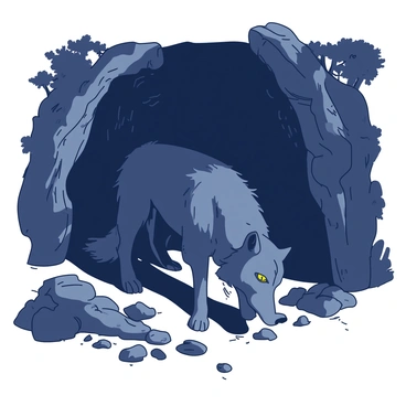 A grey wolf with intense yellow eyes is standing at the entrance of an ancient cave, its ears perked up as it curiously sniffs the air. The cave's mouth is large and jagged, surrounded by dark, rocky textures and patches of moss. The wolf's fur glistens in the sunlight filtering through the surrounding trees, which cast dappled shadows on the ground. In the background, the cave walls are covered with faint, ancient markings, hinting at stories of the past. The wolf appears alert and inquisitive, poised to venture further into the cave.