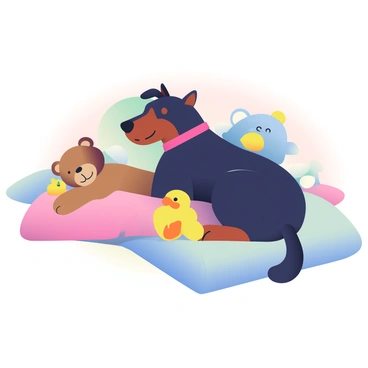 A doberman with a shiny black coat is snugly tucked in a cozy bed with fluffy blankets. The dog has its head resting on a soft pillow, looking content. Surrounding the doberman are various stuffed toys, including a large teddy bear with a brown bow, a small yellow duck, and a blue elephant. The bed is adorned with pastel-colored sheets, and the room is softly lit, creating a warm and inviting atmosphere.