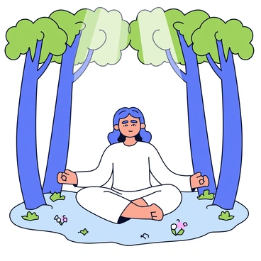 A person sitting cross-legged on the forest floor, with their eyes closed in meditation. The individual has long hair and is wearing a simple white robe. Surrounding the person are tall trees with lush green leaves, and sunlight is filtering through the branches, creating dappled patterns on the ground. The forest floor is covered in soft moss and small wildflowers, enhancing the tranquil setting.