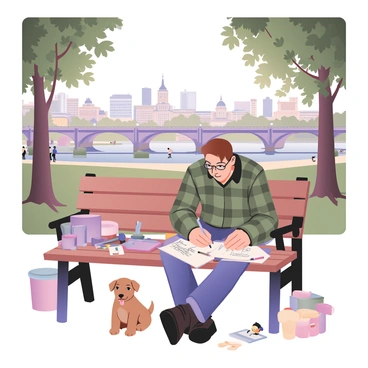 A digital flat illustration of an illustrator sitting on a wooden bench in a vibrant park. The illustrator is a middle-aged man with short brown hair, wearing a plaid shirt, blue jeans, and glasses. He is focused on sketching with a pencil on a notepad, surrounded by various art supplies scattered on the bench. In the background, there are lush green trees with sunlight filtering through the leaves, and a scenic view of Newcastle's distinctive architecture, including historical buildings and bridges. A small dog is resting at the illustrator's feet, and a few birds are perched on a nearby branch. The park is lively with a few people walking in the distance.