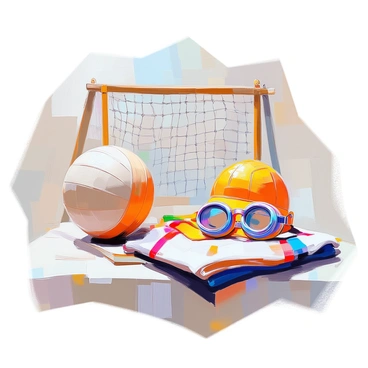An illustration showcasing a collection of vintage water polo gear and equipment spanning several decades. The image includes a classic leather water polo ball with faded markings, a retro-style swim cap in a bright color featuring stripes, and a pair of old-style water polo goggles with round lenses. Beside these items, there are worn-out water polo jerseys displaying various team colors and logos from the past, folded neatly. In the background, an early 20th-century water polo goal can be seen, constructed of wooden posts and netting, completing the nostalgic setting.