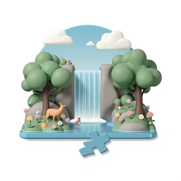 A jigsaw puzzle featuring "a cascading waterfall" flowing into a clear pool, surrounded by "lush green trees" with large leaves. "Vibrant wildflowers" in various colors are scattered throughout the scene. "A deer" can be seen drinking from the water, while "colorful birds" perch on branches nearby. The overall composition captures the rich details of nature, with a bright blue sky overhead and soft clouds drifting by.