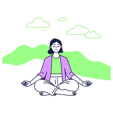 A person is sitting cross-legged on a sand dune. They are wearing loose-fitting clothing that flows gently in the breeze. The individual has closed eyes, with a calm expression, as they focus on their meditation. The sand dune rises behind them, its curves and peaks visible in the sunlight. In the background, a vast desert stretches out, with rolling hills of sand extending to the horizon. The sky above is clear, with a few scattered clouds, creating a sense of openness and tranquility.