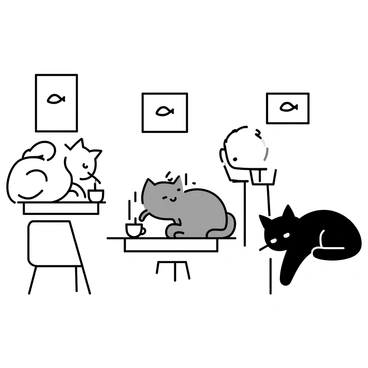 A small cafe interior with a few wooden tables and chairs. Several cats are lounging on the tables and chairs. There are three cats: one is a fluffy white cat, another is a gray tabby cat, and the third is a sleek black cat. Each cat has a tiny cup of milk placed in front of them. The white cat is stretching, the tabby cat is curiously peering into its cup, and the black cat is lazily sprawled across a chair. On the walls, there are small, framed pictures of fish.