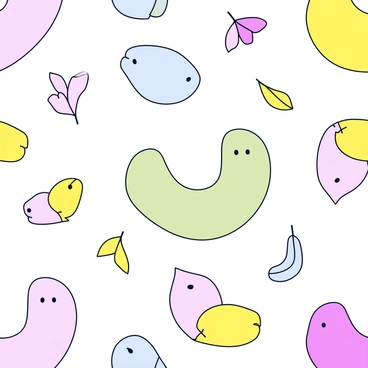 A seamless pattern featuring "birnen" illustrated in pastel colors. The birnen are depicted in various shades, including soft pink, light green, and pale yellow. Each birnen has a smooth surface and a subtle gradient that enhances its organic shape. The pattern is arranged with the birnen evenly spaced, creating a harmonious flow across the design. Small leaves in matching pastel hues accompany the birnen, adding to the overall delicate aesthetic of the textile design.