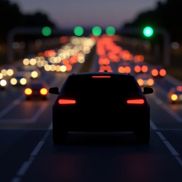 A dark silhouette of a car is positioned at the forefront of the image, its shape defined against the backdrop of a busy expressway. The expressway is bustling with a multitude of vehicles, their headlights illuminating the scene. In the background, glowing traffic lights in various colors—red, yellow, and green—cast a vibrant light across the asphalt. The movement of cars creates a dynamic atmosphere, with streaks of light representing their motion. The scene is set during dusk, enhancing the contrast between the silhouette of the car and the brightly lit traffic signals.