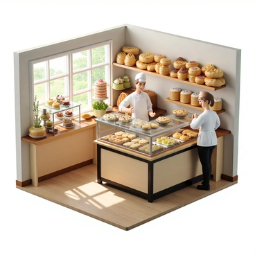 A cheerful bakery with a warm, inviting atmosphere. The interior features wooden shelves displaying a variety of fresh pastries, including croissants, danishes, and éclairs. The bakery has a glass display case filled with colorful cakes and tarts. Behind the counter stands a happy baker with light brown hair tied back, wearing a white apron and a chef's hat. The baker is smiling while serving a customer, who is reaching out to select a pastry. Sunlight streams through the large front windows, illuminating the vibrant colors of the baked goods.