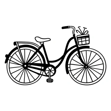 A vintage bicycle depicted with intricate line work, showcasing the curved frame and classic handlebars. The wheels are large and spoked, with a prominent front wheel. The pedals are visible, highlighting the intricate design of the bicycle. Additional details include a small leather saddle and a decorative basket mounted on the front. The background is minimal to emphasize the elegance of the bicycle.