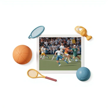 A variety of sports equipment is arranged around the edges of the image, including a bright orange basketball, a blue soccer ball, and a yellow tennis racket. In the center, a photograph captures a bustling local sports event, featuring athletes in colorful jerseys competing energetically. Spectators in the background are cheering, with some holding banners and flags, while others are wearing team merchandise. The scene is filled with excitement and movement, reflecting the vibrant atmosphere of the event.