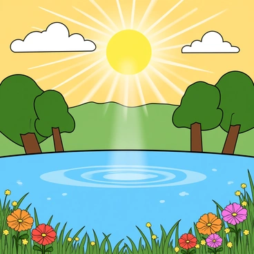 Sunlight causing water to evaporate from a lake into the sky