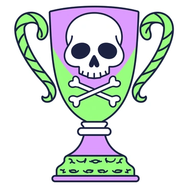 A pirate trophy is displayed prominently on a wooden surface. The trophy is shaped like a traditional cup, adorned with intricate designs. The focal point is a large skull and crossbones motif prominently featured on the front of the trophy. The skull has detailed features, including hollow eye sockets and a menacing grin. Below the skull, two crossed bones are shown in an intricate style, emphasizing the pirate theme. The trophy has ornate handles on each side, resembling twisted ropes. The base of the trophy is designed with decorative engravings, adding to its grand appearance.