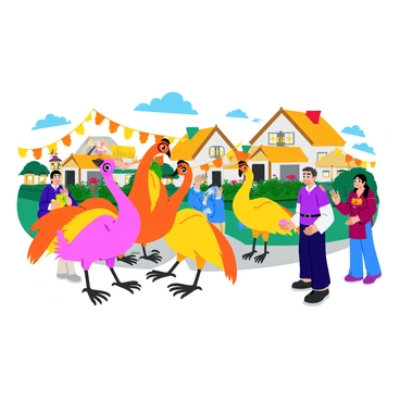 A group of cranes decorated with vibrant colors and intricate patterns stands in a quaint village. Each crane features unique embellishments, such as ribbons and floral designs, enhancing their festive appearance. The background showcases charming village houses with thatched roofs and flower-filled gardens. Banners and lanterns hang from the rooftops, adding to the celebratory atmosphere. Villagers wearing traditional attire can be seen admiring the cranes and participating in the festivities.