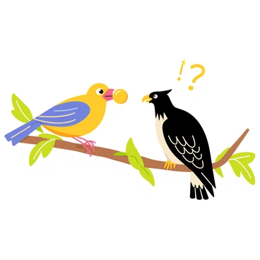 A clever bird with iridescent feathers is holding a shiny object in its beak. The bird has bright, alert eyes and is perched on a branch, looking towards a large, menacing predator below. The predator, a fierce-looking hawk, appears confused and distracted by the glimmering object. The scene captures the tension of the moment, highlighting the bird's quick thinking in the wild. Lush green leaves surround the branch, enhancing the vibrant atmosphere of the forest.