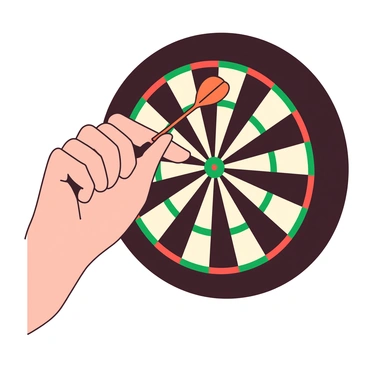 A close-up of a hand with well-defined fingers gripping a dart, aimed precisely at a dartboard in the background. The dart is bright orange, contrasting against the hand's skin tone. The dartboard features a traditional circular layout with alternating sections of vibrant green and white. The focus is on the hand's steady posture, with the fingers positioned just below the dart's flight. The board is slightly blurred, emphasizing the sharpness of the hand and dart.