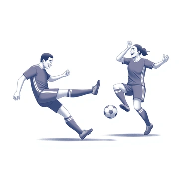 A soccer player is captured in an action shot, with one leg raised in mid-kick, poised to strike the ball. The player's body is slightly turned, showcasing their athletic build and focused expression. The opposing leg is planted firmly on the ground, providing balance. Simultaneously, the other side of the player displays a triumphant celebration after scoring a goal, with arms raised high in the air and a wide smile on their face. The scene is filled with energy, emphasizing the dynamic motion of the kick and the joy of the celebration.