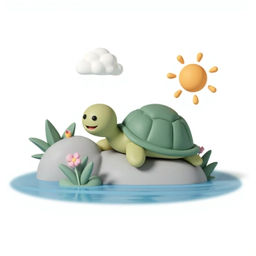 A cheerful turtle, with a bright green shell and a happy expression, is sunbathing on a smooth gray rock. The rock is situated next to a clear blue pond, with gentle ripples reflecting the sunlight. Surrounding the pond are lush green plants and a few colorful flowers, adding vibrancy to the scene. The sky above is sunny, with a few fluffy white clouds drifting by.