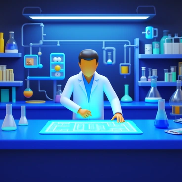 A 3D human figure in a lab coat is conducting experiments in a high-tech laboratory. The laboratory features glowing equipment and intricate machinery surrounding the figure. The figure is actively engaging with a glowing touchscreen interface. Various scientific instruments, such as test tubes and beakers, are organized neatly on the counters. Bright, ambient lights enhance the modern atmosphere of the lab, highlighting the technological advancements present in the environment.