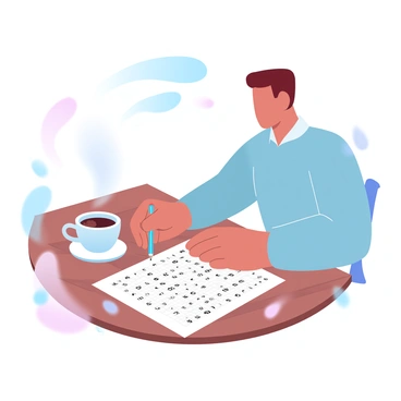 A person is sitting at a wooden table with a steaming cup of coffee placed beside a crossword puzzle. The individual is leaning slightly forward, with a pencil in hand, diligently filling in the squares of the crossword. The table has a textured surface and there are scattered letters and clues printed on the puzzle paper. A soft light is illuminating the scene, creating gentle shadows around the items on the table. A cozy atmosphere surrounds the person, who is absorbed in their task.