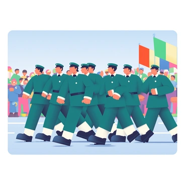 A group of soldiers in crisp, dark green uniforms is marching in perfect unison during a military parade. Each soldier has a polished black cap atop their head, and their boots are shining brightly as they make precise movements. The soldiers are positioned in neat rows, with their arms swinging in synchrony. In the background, there are colorful flags waving gently in the breeze, adding vibrancy to the scene. The pavement is lined with spectators, who are watching the parade with expressions of pride and admiration. The sky above is a clear blue, providing a bright contrast to the vivid colors of the uniforms and flags.