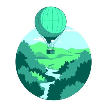 A teal hot air balloon is floating gracefully above a lush green forest. The balloon is round and vibrant, with a large white basket hanging below it. Below, the forest is dense with various shades of green foliage, and sunlight filters through the leaves, creating a dappled effect on the ground. In the distance, a hint of a winding river can be seen, glistening in the sunlight, contrasting with the greenery of the forest.