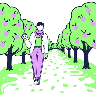 A figure is walking through an orchard. The figure is wearing a light jacket and jeans, with a scarf wrapped around their neck. Surrounding the figure are trees laden with ripe apples, some of which are hanging low while others are clustered higher up. The ground is carpeted with vibrant autumn leaves in various shades. Sunlight filters through the branches, casting dappled shadows on the path ahead. In the distance, more rows of apple trees can be seen, creating a sense of depth in the orchard.