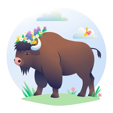 A large bison with a thick, shaggy coat stands prominently in the center of the image. Its dark brown fur contrasts with a vibrant crown made of various wildflowers, including purple lupines, yellow daisies, and white clovers, carefully placed atop its head. The bison's powerful build is accentuated by its massive horns, which curve gracefully. Surrounding the bison, lush green grass adds depth to the scene. Small butterflies with colorful wings flutter around the bison, creating a lively atmosphere. The sky above is a soft blue, dotted with fluffy white clouds.
