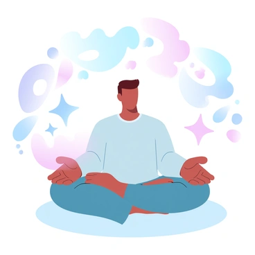 A person sitting cross-legged in a meditation pose on a soft surface. The individual is wearing comfortable clothing and has their hands resting on their knees. Surrounding them are vibrant, swirling shapes in gradient pastel colors, representing thoughts and ideas expanding outward. These shapes include abstract forms such as spirals, stars, and clouds, creating a dynamic and colorful atmosphere. The background is filled with a smooth blend of pastel hues, enhancing the overall tranquil yet energetic feel of the scene.