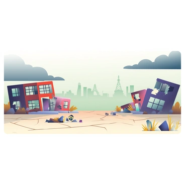 A desolate wasteland landscape stretches across the horizon, featuring crumbling, abandoned buildings with shattered windows and peeling paint. The ground is cracked and parched, with sparse patches of dry, yellowed grass peeking through the dust. In the background, a distant skyline reveals skeletal structures that loom ominously against the sky. A faint, eerie radioactive glow emanates from scattered debris on the ground, casting an unsettling light over the scene. Dark clouds hang in the sky, layered with shades of gray and hints of green, enhancing the bleak atmosphere of the environment.