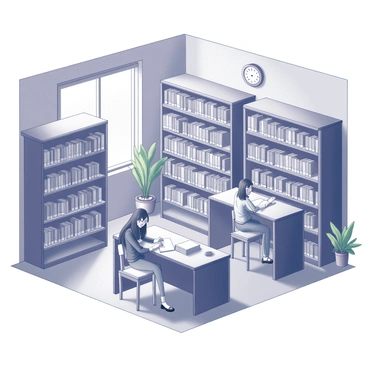 A university library corner filled with tall bookshelves overflowing with books. Several wooden tables are scattered around, each occupied by students. One student is sitting at a table, deeply focused on reading a thick book, while another student is positioned nearby, sketching in a notebook. The atmosphere is calm and studious, with a few potted plants adding a touch of greenery. Soft sunlight filters in through a nearby window, illuminating the scene. A clock on the wall indicates the time, and a small stack of books rests on the table beside the reader.
