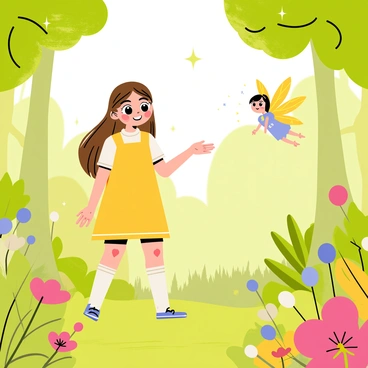 A cartoon girl with long brown hair wearing a bright yellow dress stands in a lush, green enchanted forest. She has wide, curious eyes and a smile on her face as she encounters a friendly fairy. The fairy has delicate, colorful wings that shimmer in the dappled sunlight, and she is hovering in the air with an expression of warmth. The forest is filled with vibrant flowers, whimsical trees, and sparkling magic dust in the air, creating a magical atmosphere. The girl reaches out her hand in a gesture of friendship towards the fairy.