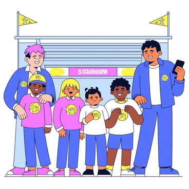 A family is standing outside a stadium, dressed in matching team colors. Each member of the family is wearing a jersey with the team's logo prominently displayed. The adults are smiling broadly, while the children show excitement in their expressions. In the background, the stadium structure is visible, with banners and flags representing the team. The family holds a smartphone at arm's length, capturing their moment together.