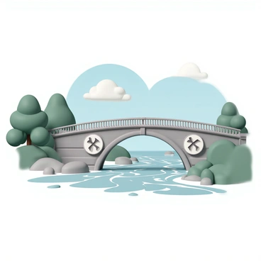 A bridge, made of stone and steel, spans a wide river with flowing water. The arches of the bridge are intricately designed, featuring large "cation" symbols carved into the stone. The river beneath reflects the daylight, shimmering with various shades of blue and green. Lush green trees line the riverbanks on either side, and a clear blue sky can be seen above, dotted with a few fluffy white clouds. The overall structure of the bridge appears strong and imposing, yet harmoniously integrated into the natural landscape surrounding it.