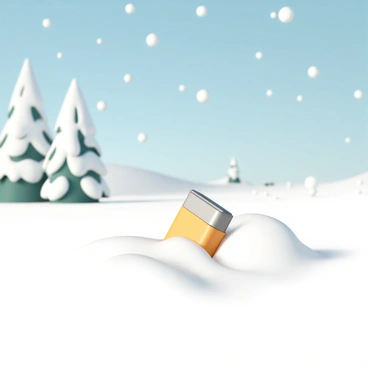 A bright lighter, partially buried in fresh white snow, glistens under the sunlight. The lighter has a sleek, metallic design, reflecting the surrounding light. In the background, there is a snowy landscape that stretches out, featuring tall evergreen trees coated in snow. The sky is a clear blue, contrasting with the white of the snow. The scene captures the quiet beauty of winter, with fluffy snowflakes gently falling from the sky.