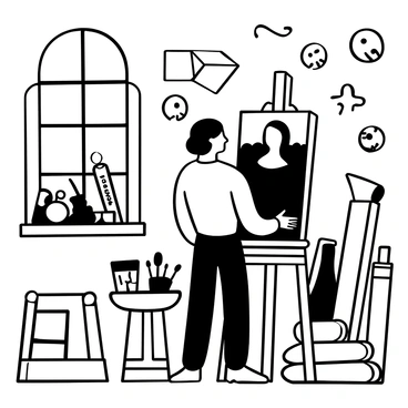 Leonardo da Vinci standing in a Renaissance studio, focused on painting "Mona Lisa" on a wooden easel. He is surrounded by various art supplies, including brushes, paint tubes, and a palette. The walls of the studio are adorned with sketches and anatomical drawings. A large window lets in natural light, illuminating the scene. "Mona Lisa" is partially visible on the easel, showcasing the figure's outline and the intricate details of the background. A wooden stool is placed nearby, and rolled-up canvases are stacked against the wall.