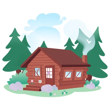 A cozy pine cabin is nestled among tall, green pine trees in a dense forest. Smoke is curling gently from the chimney, forming wispy tendrils that blend into the clear blue sky above. The cabin has wooden walls, a sloped roof, and a small porch adorned with rustic decorations. Surrounding the cabin are patches of soft green grass and clusters of wildflowers. Sunlight filters through the branches of the trees, creating a warm and inviting atmosphere.