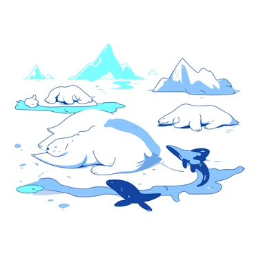 A white expanse of polar ice caps stretches across the scene, with jagged ice formations rising sharply in the background. Several white polar bears are lounging on the ice, some playfully interacting while others are resting with their eyes closed. Nearby, a few seals are basking in the sun, their slick fur glistening as they lie on patches of ice. The sky above is a soft gradient, creating a serene atmosphere over the icy landscape.
