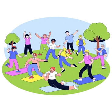 A lively outdoor fitness class taking place in a sunlit park. A diverse group of people of all ages is participating, including young adults, middle-aged individuals, and seniors. Each person is engaged in various exercises like stretching, jumping jacks, and yoga poses. Some participants are using bright colored mats on the grass, while others are using resistance bands. There are trees and a clear blue sky in the background, creating a vibrant atmosphere.