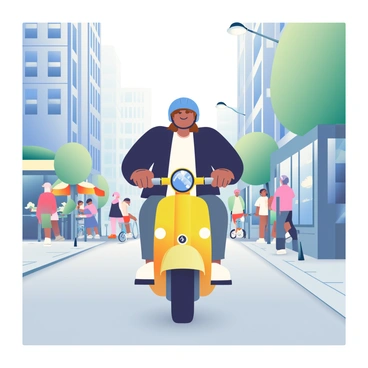 A young adult with short brown hair is riding an electric scooter down a bustling city street. They are wearing a blue helmet for safety and a black jacket over a white t-shirt. The scooter is painted bright yellow and features a digital display on the handlebar. Tall buildings with glass windows line the sides of the street, reflecting the sunlight. In the background, people are walking on the sidewalk, and a few bicycles are parked near a café. The ground is paved with grey asphalt, and street lamps are stationed along the route.