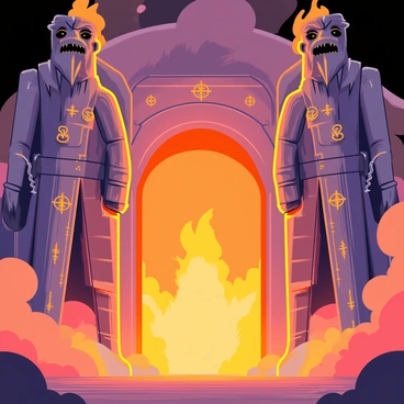 Giant stone statues with detailed carved features stand tall at a mystical gateway. The statues are engulfed in vibrant orange and red flames, casting a warm glow around them. They have fierce expressions, with intricate patterns etched into their surfaces. The gateway itself is adorned with glowing symbols and surrounded by a backdrop of swirling smoke. The scene is dynamic, with fire flickering and shadows dancing across the ground, emphasizing the statues' imposing presence.