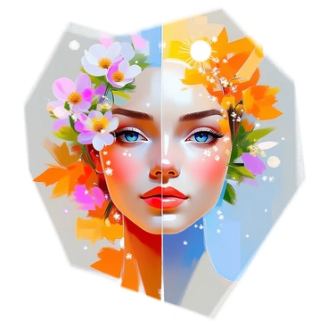 A close-up view of a human face artistically divided into four distinct sections. Each section vividly represents a different season. The top left section embodies "spring" with blooming flowers and fresh green foliage. The top right section displays "summer," showcasing bright sunshine and a warm, sunny atmosphere with vibrant blue skies. The bottom left section illustrates "autumn," featuring warm orange, red, and yellow leaves, along with a crisp look. The bottom right section signifies "winter," adorned with soft snowflakes and a chilly blue hue. The transition between each section is smooth, blending the seasonal elements harmoniously while maintaining the facial features.
