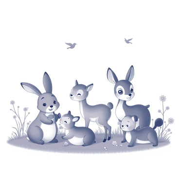 A group of animals gathered in a meadow. In the center, there is a small, fluffy bunny with long ears sitting playfully. Nearby, a chubby squirrel stands on its hind legs, holding an acorn with its tiny paws. A curious fawn with large eyes is peeking out from behind a cluster of flowers. A cheerful puppy with floppy ears is lying on the grass, wagging its tail. The scene features lush green grass dotted with wildflowers, creating a lively and inviting atmosphere. Above, a few birds are flying in the clear sky, adding to the playful environment.